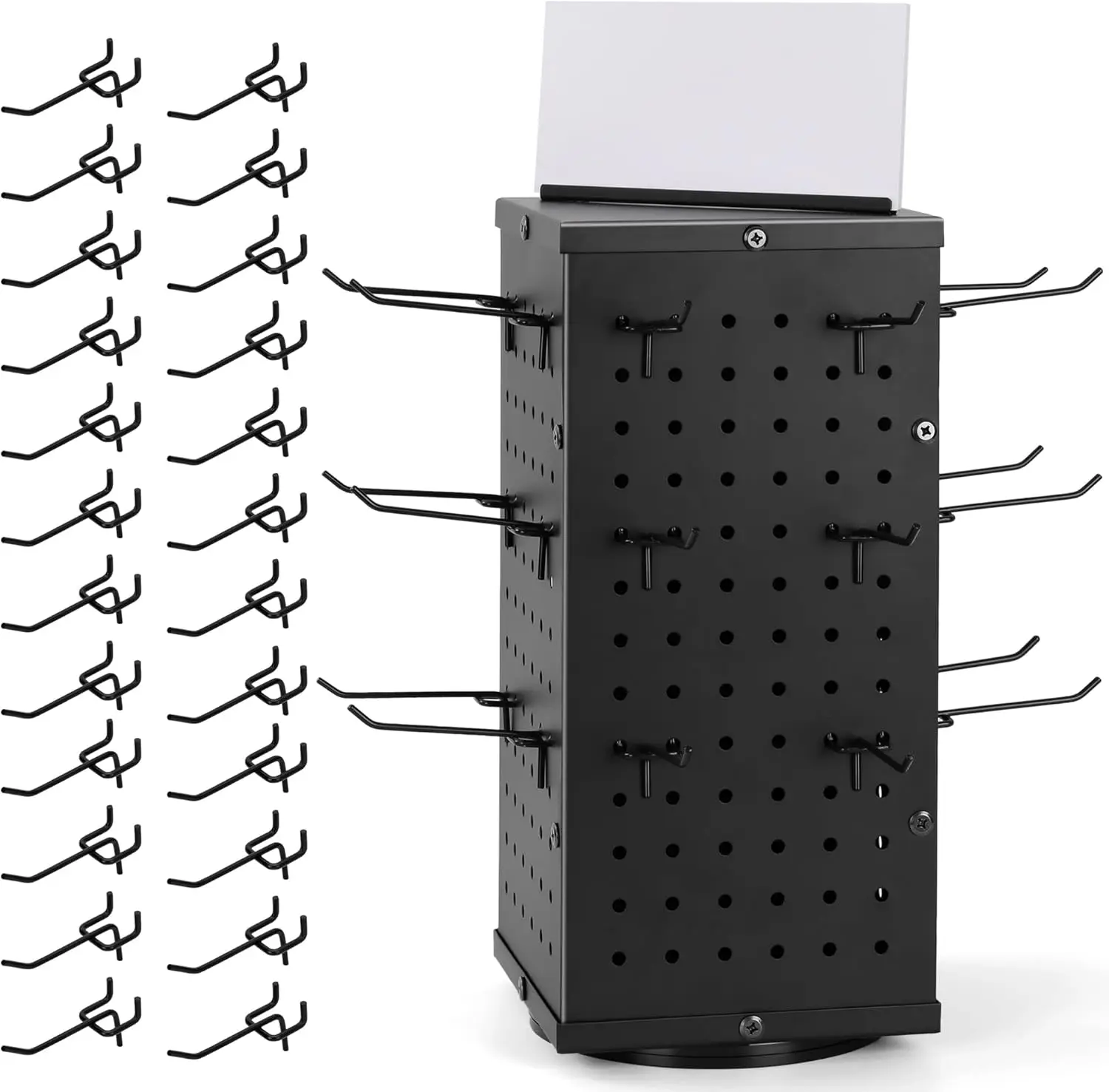 4-Sided Rotating Pegboard Display Stand with 24 Hooks for Retail & Shows
4-Sided Rotating Pegboard Display Stand with 24 Hooks for Retail & Shows