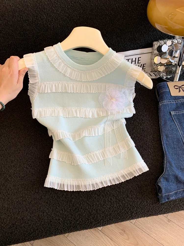 Sweet Summer Sleeveless Knitted Vest Women's Style Wooden 3D Flower Design Commute Korean Fit Short Length Pure Color
Sweet Summer Sleeveless Knitted Vest Women's Style Wooden 3D Flower Design Commute Korean Fit Short Length Pure Color