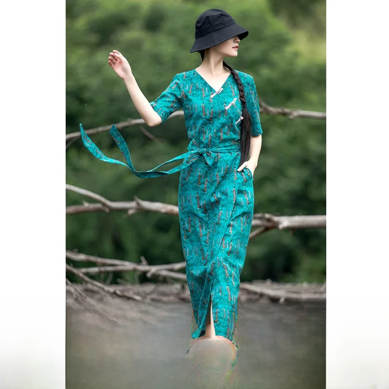 Elegant Long Cotton Linen Dress Single Piece Vintage Style with Pockets V-Neck A-Line Skirt Five Sleeve Summer Fashion
Elegant Long Cotton Linen Dress Single Piece Vintage Style with Pockets V-Neck A-Line Skirt Five Sleeve Summer Fashion