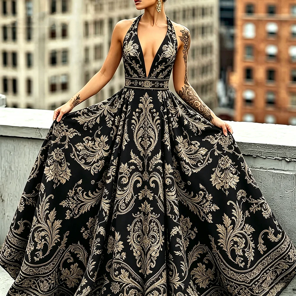 Women's Summer Black Gold Print Halter Deep V Maxi Dress Sleeveless Cinched Waist Swing Dress Luxury Daily Casual Party Outfit
Women's Summer Black Gold Print Halter Deep V Maxi Dress Sleeveless Cinched Waist Swing Dress Luxury Daily Casual Party Outfit