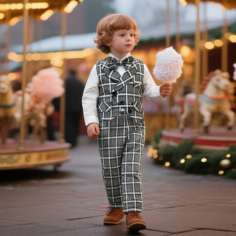 New Boys 3PCS Gentleman Outfit Plaid Vest Shirt Pants Baby 1st Birthday Wedding Party Formal Performance Pageboy Dress Clothes
New Boys 3PCS Gentleman Outfit Plaid Vest Shirt Pants Baby 1st Birthday Wedding Party Formal Performance Pageboy Dress Clothes