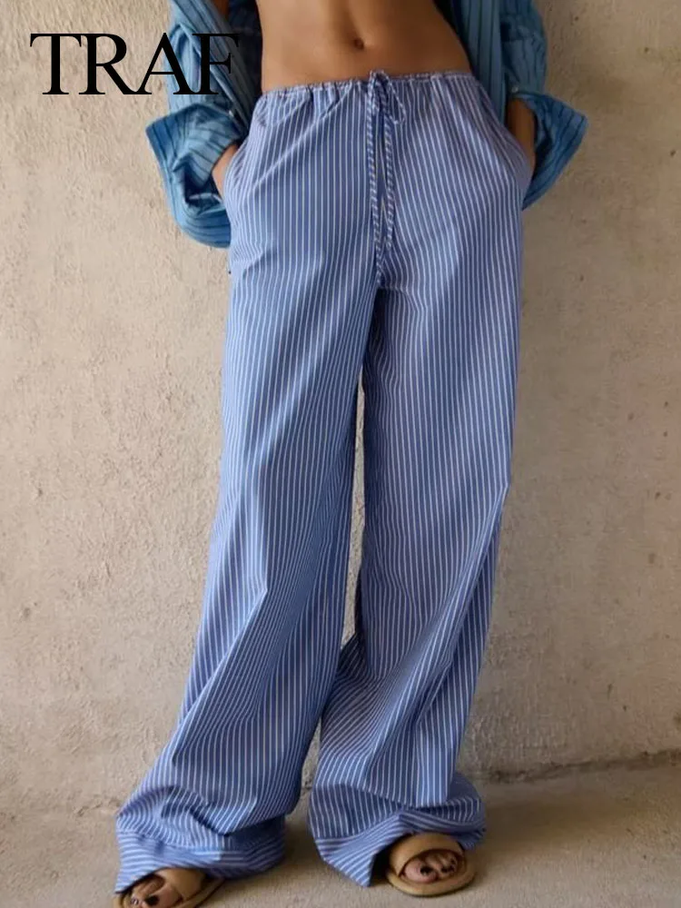 TRAF 2023 Fashion Women's Blue Striped Wide Leg Pants Casual Loose Trousers Lady Lace Up Baggy Pants Mujer Conjunto Streetwear
TRAF 2023 Fashion Women's Blue Striped Wide Leg Pants Casual Loose Trousers Lady Lace Up Baggy Pants Mujer Conjunto Streetwear