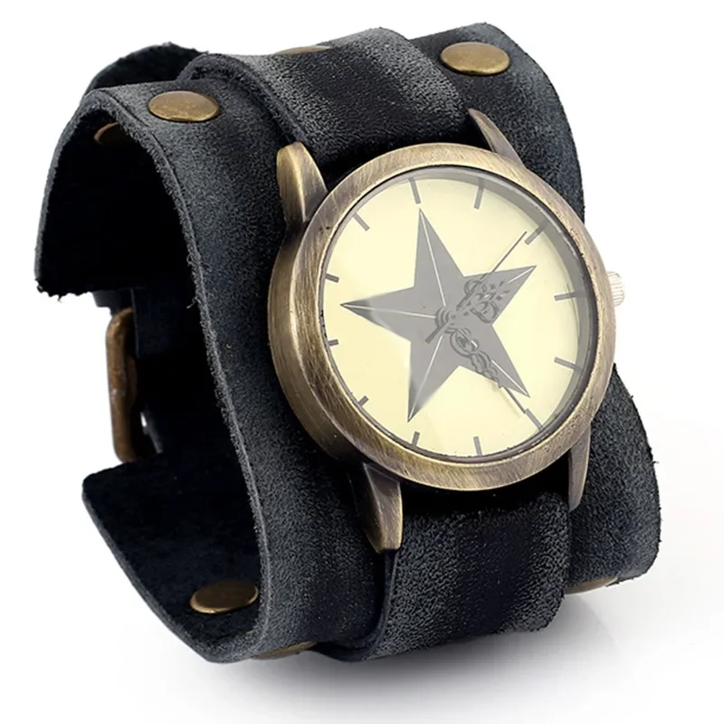 New Fashion Mens Watches Retro Black Luxury Quartz Lover Watch Wide Leather Punk Bracelet Sport Watch Men Gift Relogio Masculino
New Fashion Mens Watches Retro Black Luxury Quartz Lover Watch Wide Leather Punk Bracelet Sport Watch Men Gift Relogio Masculino