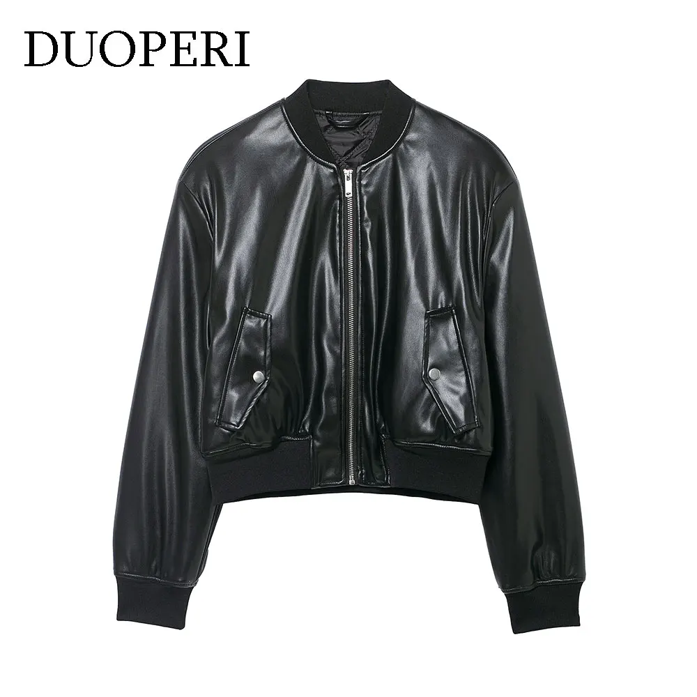DUOPERI Women Fashion PU Black Front Zipper Bomber Jackets Casual O-Neck Long Sleeves Female Chic Lady Outfits
DUOPERI Women Fashion PU Black Front Zipper Bomber Jackets Casual O-Neck Long Sleeves Female Chic Lady Outfits