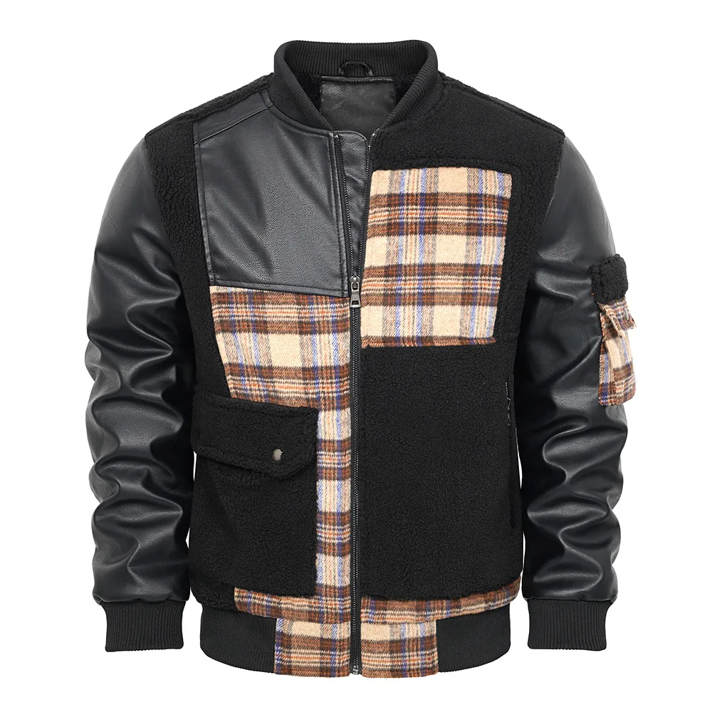 Winter PU splicing zipper jacket plaid leather jacket with large pockets, motorcycle punk stand up collar, thick coat
Winter PU splicing zipper jacket plaid leather jacket with large pockets, motorcycle punk stand up collar, thick coat