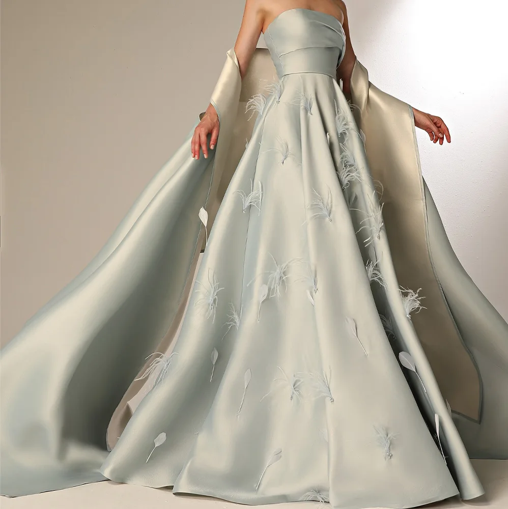 Feathers Beading Satin Floor Length Boat Neck Sweep Train A-Line Open Back Strapless Detachable shawl Temperament Evening Dress
Feathers Beading Satin Floor Length Boat Neck Sweep Train A-Line Open Back Strapless Detachable shawl Temperament Evening Dress