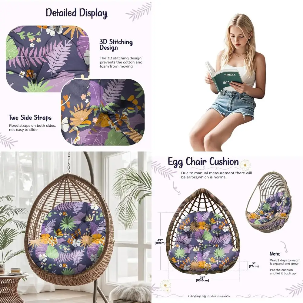 Purple Flower Outdoor Hanging Egg Chair Cushion, 47x35x7 Inches Waterproof Replacement with Ties
Purple Flower Outdoor Hanging Egg Chair Cushion, 47x35x7 Inches Waterproof Replacement with Ties