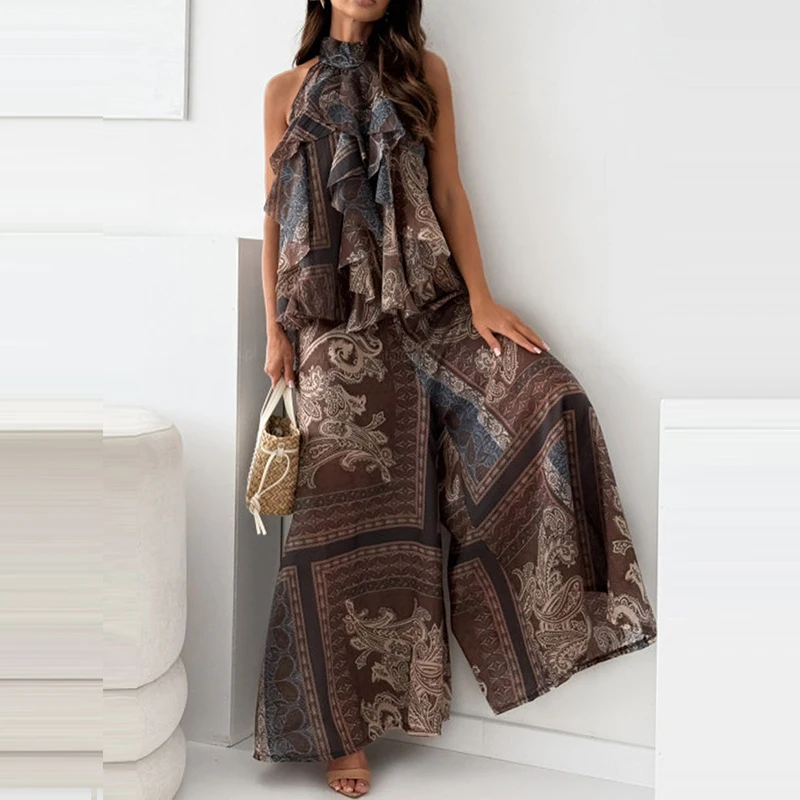 Элегантный полувысокий воротник с широкими брюками, костюмы для женщин, модный узор, длинные брюки с принтом, сексуальные свободные комплекты без рукавов из 2 предметов
Элегантный полувысокий воротник с широкими брюками, костюмы для женщин, модный узор, длинные брюки с принтом, сексуальные свободные комплекты без рукавов из 2 предметов