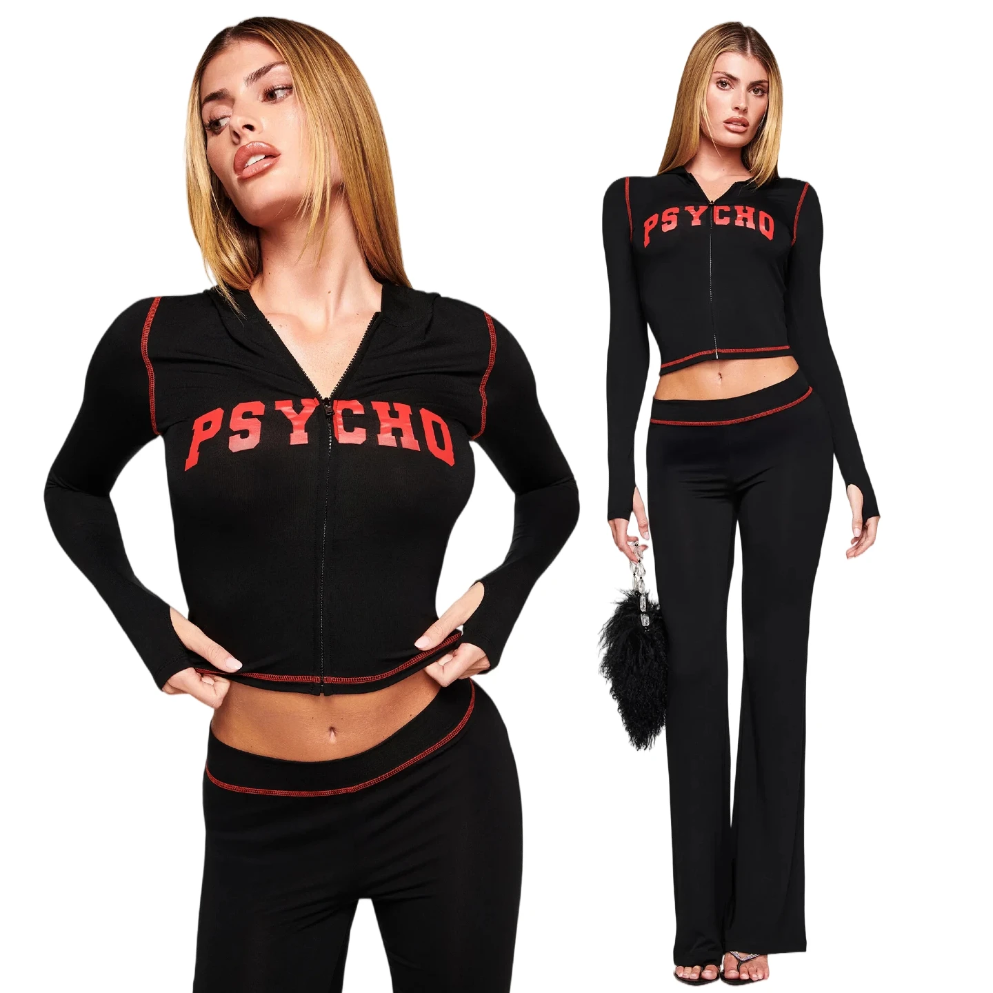 Gia black psychd regular shoulder slim-fit letter print topstitching design slim-fit hooded zip-up short jacket and pants set
Gia black psychd regular shoulder slim-fit letter print topstitching design slim-fit hooded zip-up short jacket and pants set