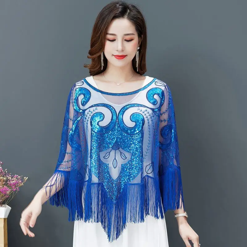 Сетчатая женская летняя накидка с блестками и круглым вырезом, рукавами «летучая мышь», модная шаль с кисточками и вышивкой, свободная ажурная верхняя одежда 
Сетчатая женская летняя накидка с блестками и круглым вырезом, рукавами «летучая мышь», модная шаль с кисточками и вышивкой, свободная ажурная верхняя одежда