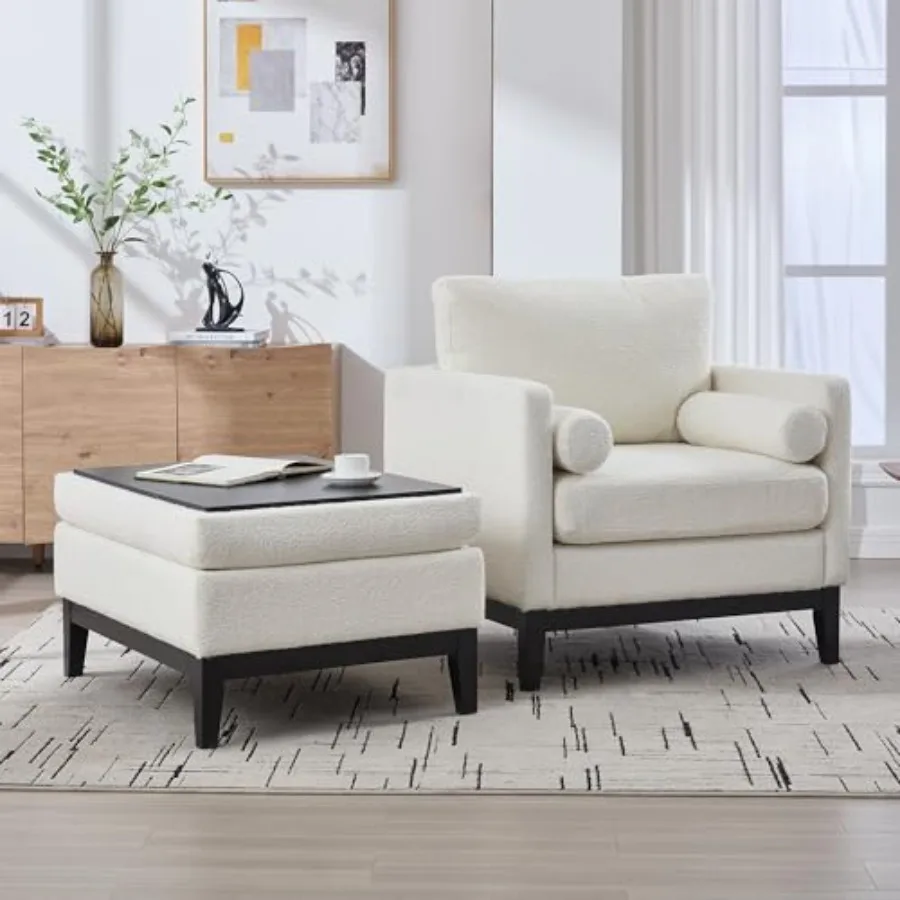 Accent Arm Chair, Farmhouse Boucle Upholstered Lounge Seat+Ottoman, Wood Base, Square Arms, Removable Cushions, Reversible Lid
Accent Arm Chair, Farmhouse Boucle Upholstered Lounge Seat+Ottoman, Wood Base, Square Arms, Removable Cushions, Reversible Lid