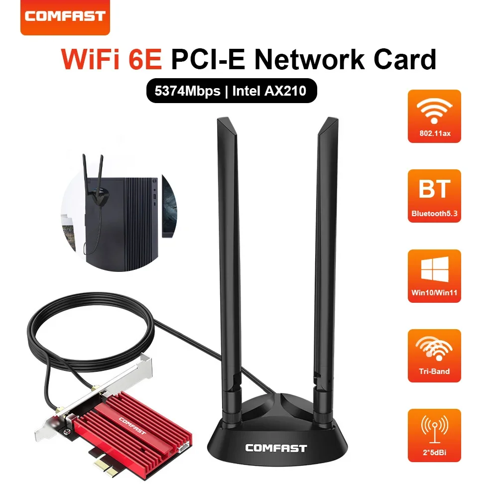 COMFAST PCI-E Wifi6 Card 5374Mbps AX210 Wifi Adapter BT5.3 2.4/5.8G Mu-mimo Wifi6E Wireless Pcie Adaptador For Win10/11
COMFAST PCI-E Wifi6 Card 5374Mbps AX210 Wifi Adapter BT5.3 2.4/5.8G Mu-mimo Wifi6E Wireless Pcie Adaptador For Win10/11