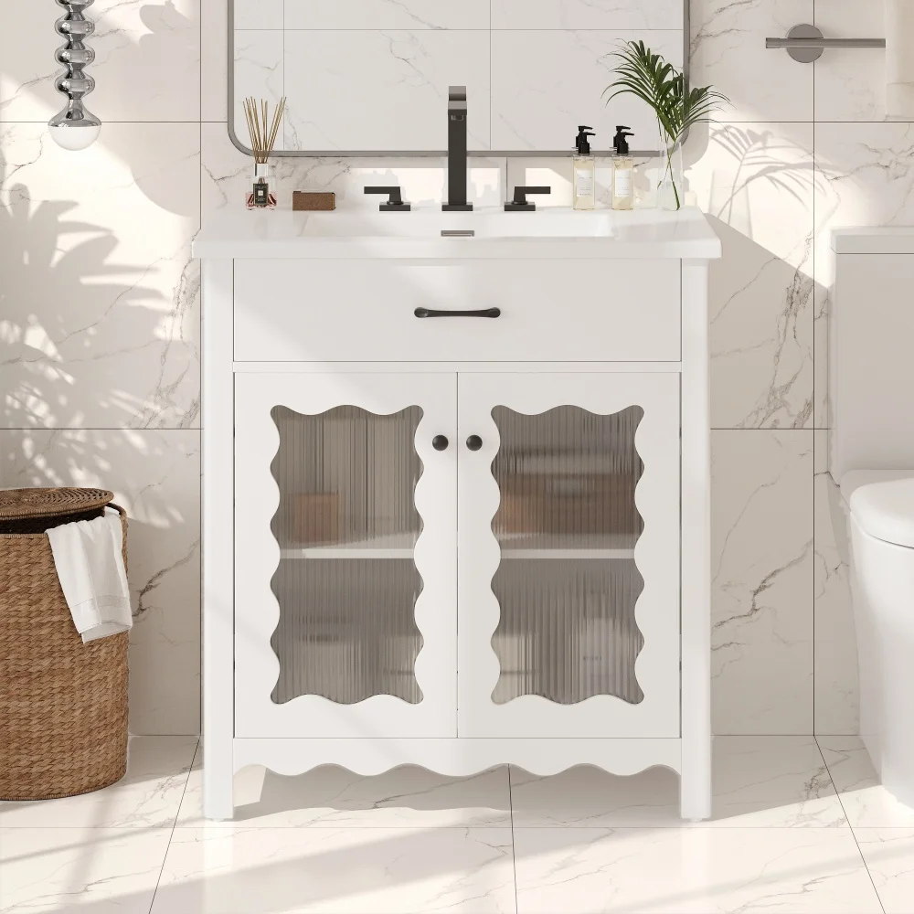 30 Inches Bathroom Vanity with Tempered Glass, Modern Bathroom Cabinet with Rubber Wood legs and Soft close Doors, White
30 Inches Bathroom Vanity with Tempered Glass, Modern Bathroom Cabinet with Rubber Wood legs and Soft close Doors, White