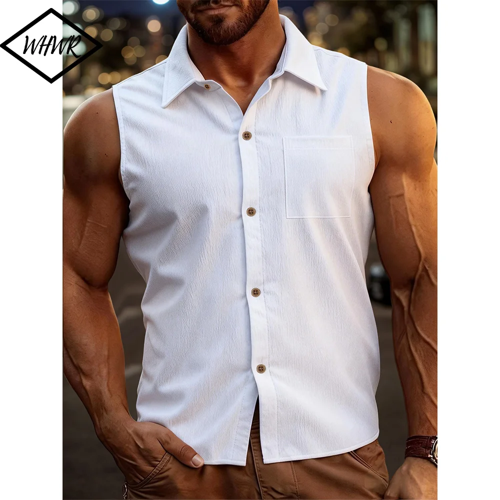 Mens Fashion Casual Sleeveless Shirts Men Turn-down Collar Buttoned Vest Shirt Summer Breathable Male Solid Color Tank Tops
Mens Fashion Casual Sleeveless Shirts Men Turn-down Collar Buttoned Vest Shirt Summer Breathable Male Solid Color Tank Tops