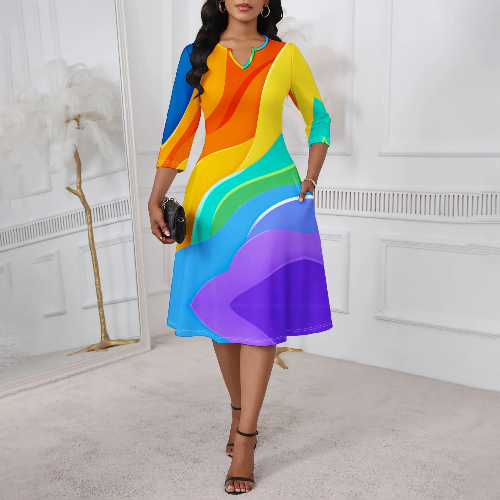 Abstract Rainbow Swirl Dress for Women XS-3XL Colorful A-Line Style with Notched Neck for Summer Festival or Pride Look
Abstract Rainbow Swirl Dress for Women XS-3XL Colorful A-Line Style with Notched Neck for Summer Festival or Pride Look