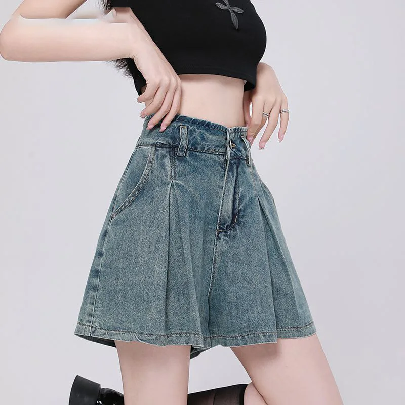 Women's Vintage High-Waisted Pleated Denim Skort, Wide-Leg A-Line Jean Shorts with Pockets, Casual Summer Flared Culottes
Women's Vintage High-Waisted Pleated Denim Skort, Wide-Leg A-Line Jean Shorts with Pockets, Casual Summer Flared Culottes