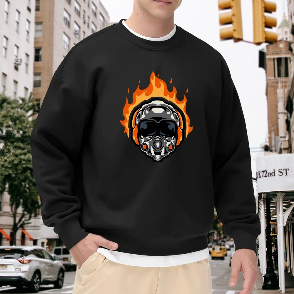 Men's Black Crew Neck Loose Sweatshirt with Flame Mask Print, Street Style, Casual Versatile Top, Comfortable and Breathable for Everyday Wear and Sports
Men's Black Crew Neck Loose Sweatshirt with Flame Mask Print, Street Style, Casual Versatile Top, Comfortable and Breathable for Everyday Wear and Sports