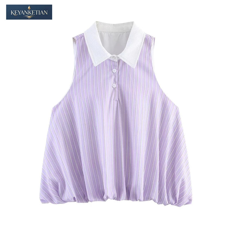KEYANKETIAN 2026 Summer Preppy Casual Striped Sleeveless Blouse Contrast Collar, Button Detail & Bubble Hem Loose Shirt
KEYANKETIAN 2026 Summer Preppy Casual Striped Sleeveless Blouse Contrast Collar, Button Detail & Bubble Hem Loose Shirt