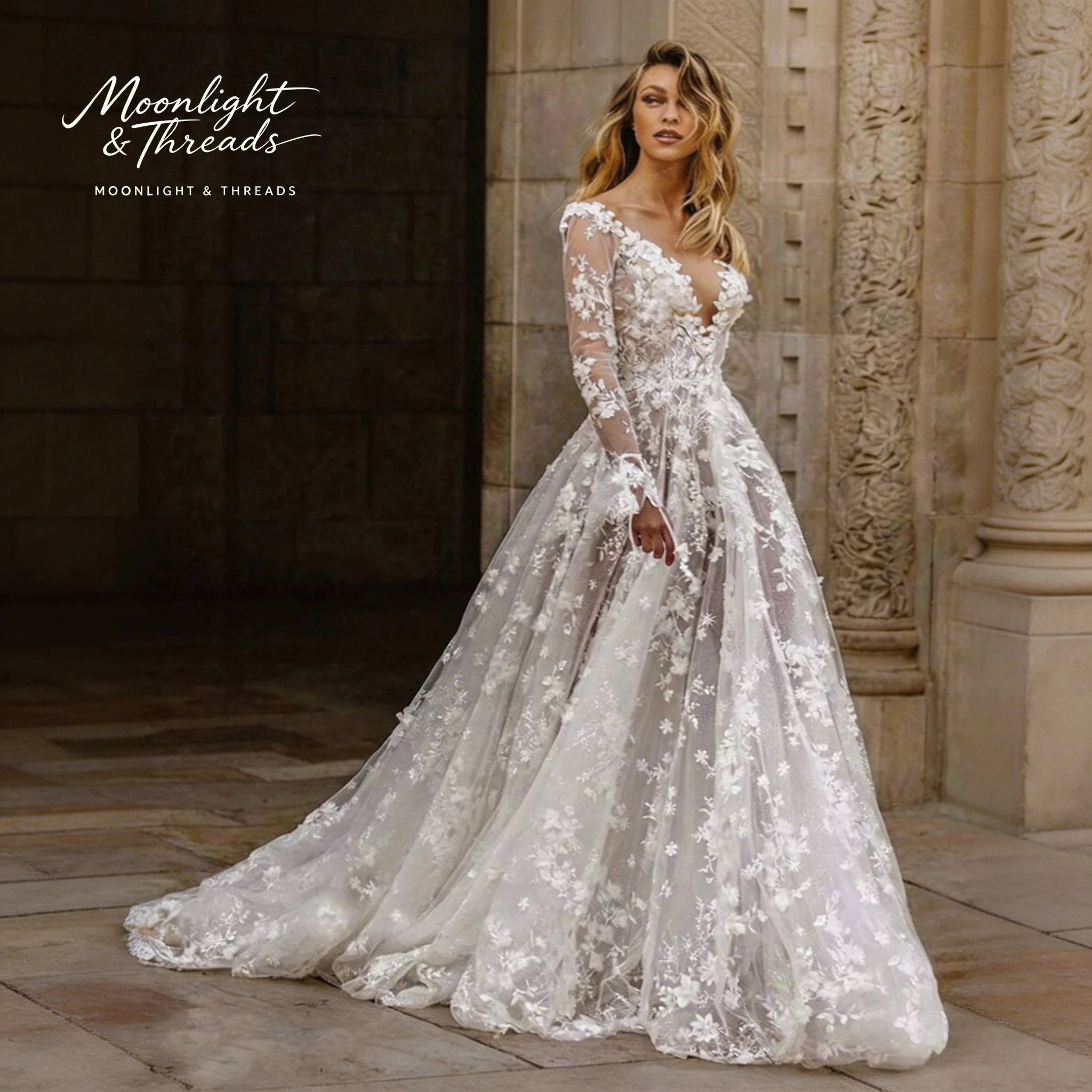 White lace V-neck long-sleeve A-line formal wedding gown with a floor-length skirt, open back, and floral embroidery accents
White lace V-neck long-sleeve A-line formal wedding gown with a floor-length skirt, open back, and floral embroidery accents