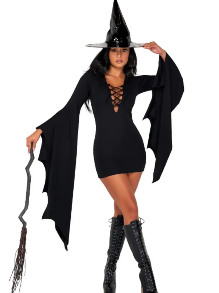 Halloween Black Party Dresses Deep V-stretched Bat Sleeve Slim Short dress for Adult Women Purim Cos Party Wizards Fancy Dress
Halloween Black Party Dresses Deep V-stretched Bat Sleeve Slim Short dress for Adult Women Purim Cos Party Wizards Fancy Dress