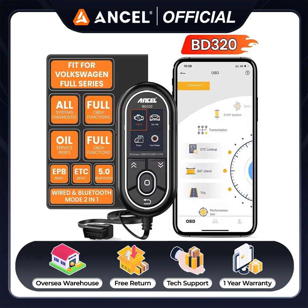 ANCEL BD320 Bluetooth OBD2 Auto Scanner All System Code Reader ETC EPB Oil Reset OBD Car Diagnostic Tool for VW Audi Skoda Seat
ANCEL BD320 Bluetooth OBD2 Auto Scanner All System Code Reader ETC EPB Oil Reset OBD Car Diagnostic Tool for VW Audi Skoda Seat