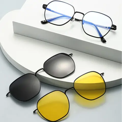 2024 Polarized Sunglasses Men Women 3 In 1 Magnetic Clip On Glasses Hexagon Alloy Frame Night Vision Anti-Blue Light Eyeglass