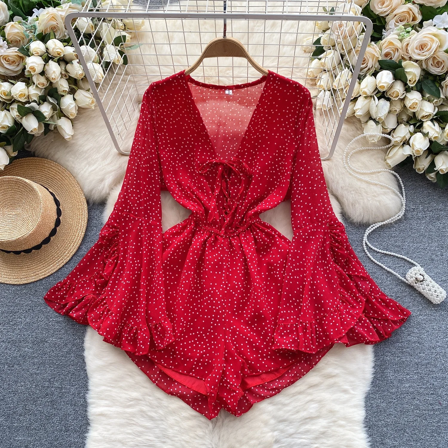 Clothland Women Stylish Dot Playsuits Lace Up Flare Sleeve Elastic Waist Red Black Ruffle Retro Overall Jumpsuits KA505
Clothland Women Stylish Dot Playsuits Lace Up Flare Sleeve Elastic Waist Red Black Ruffle Retro Overall Jumpsuits KA505