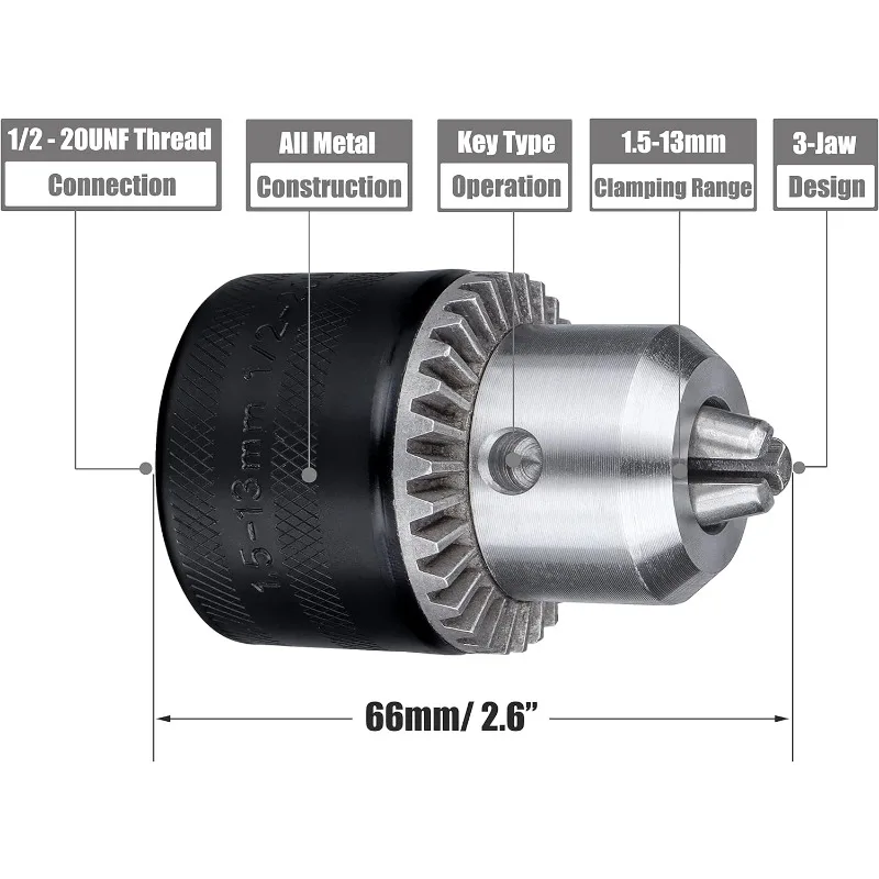 1Pc 1/2-Inch Drill Press Chuck Replacement 1.5-13mm with Key for Impact Driver Power Drill 12-20UNF
1Pc 1/2-Inch Drill Press Chuck Replacement 1.5-13mm with Key for Impact Driver Power Drill 12-20UNF