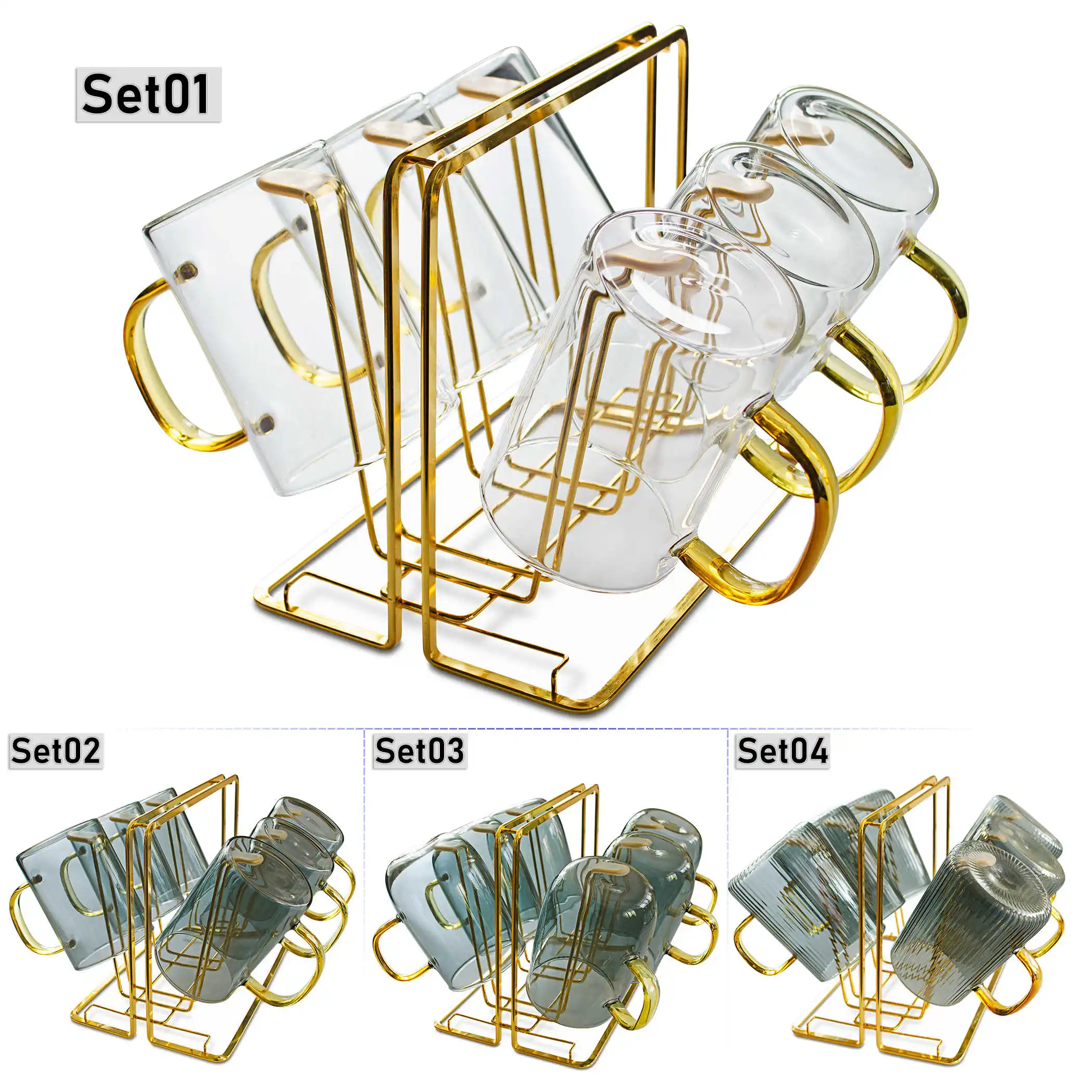 7 in 1 Set - 1pc 6 Grids Drying Rack Metal Golden Mug Holder Drain Organizer + 6pcs Heat Resistant Glass Tea Cup Coffee Mugs
7 in 1 Set - 1pc 6 Grids Drying Rack Metal Golden Mug Holder Drain Organizer + 6pcs Heat Resistant Glass Tea Cup Coffee Mugs