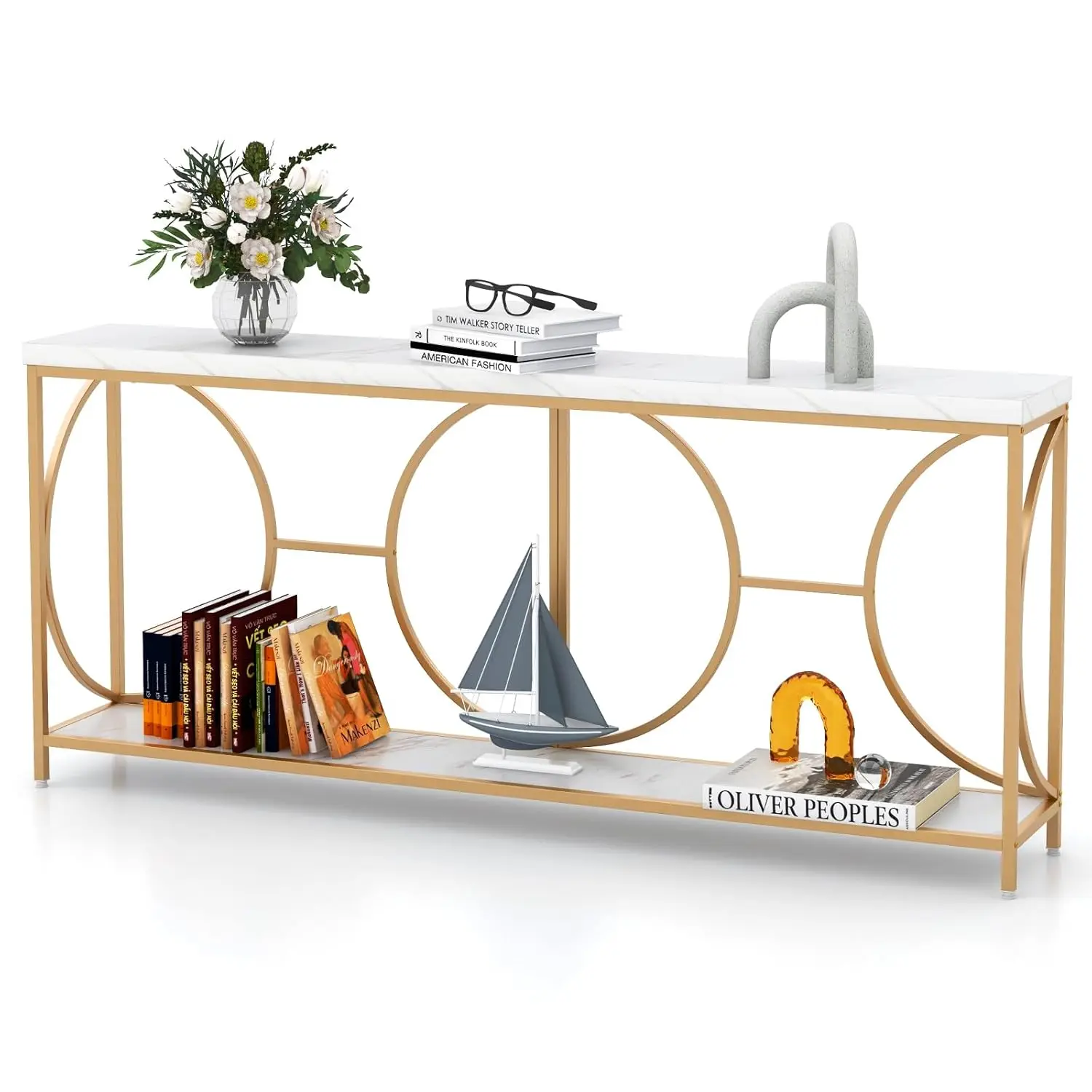 71-дюймовый консольный столик, 2-х уровневый удлиненный золотой столик в прихожей с полкой для хранения, столешница из искусственного мрамора, узкий диван-стол с геометрической рамкой
71-дюймовый консольный столик, 2-х уровневый удлиненный золотой столик в прихожей с полкой для хранения, столешница из искусственного мрамора, узкий диван-стол с геометрической рамкой