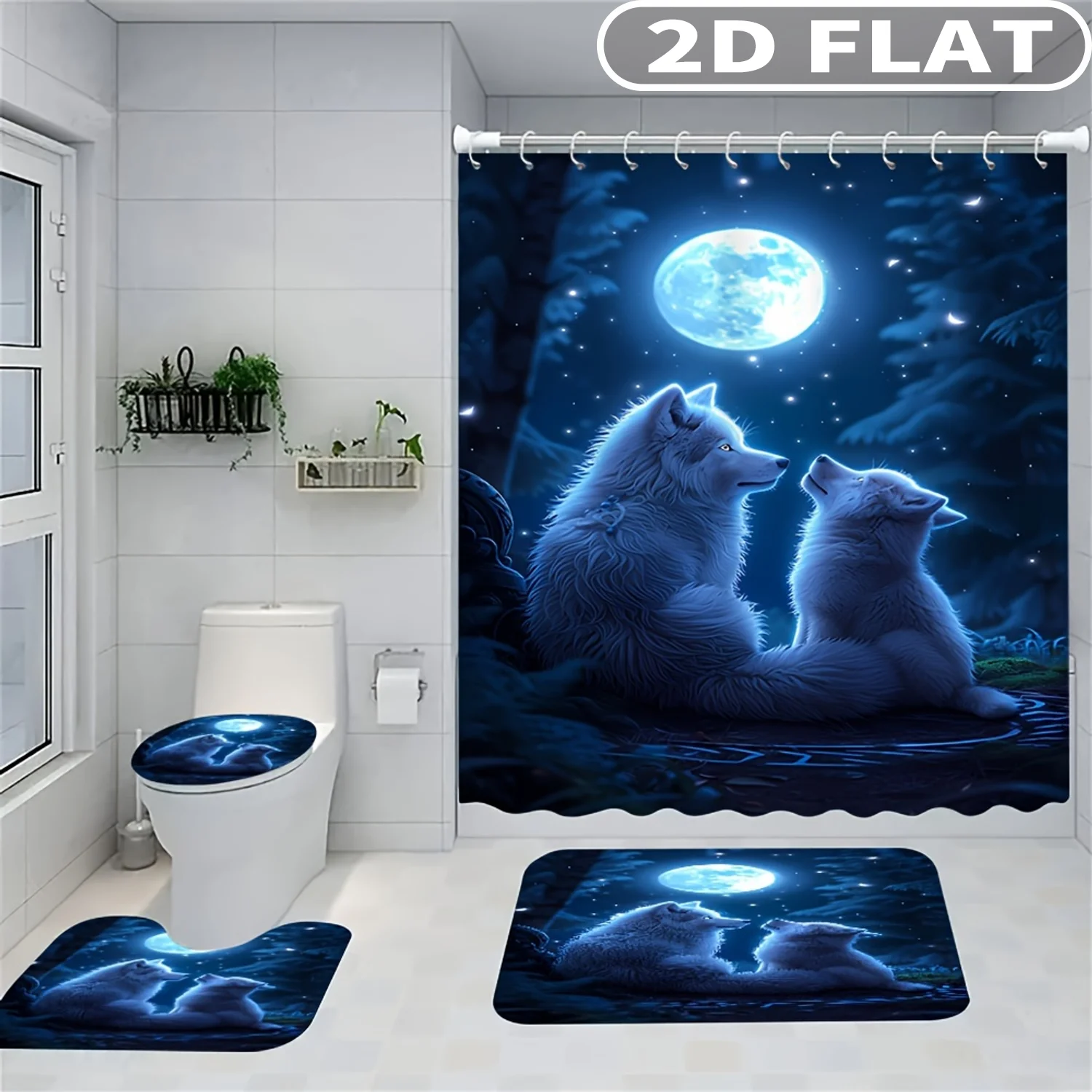 1pc/ 4pcs 2D FLAT Wolf Moon Night Forest Pattern Shower Curtain Set, Accessories with Bath Mat, U-shaped Mat, Toilet Lid Cover,
1pc/ 4pcs 2D FLAT Wolf Moon Night Forest Pattern Shower Curtain Set, Accessories with Bath Mat, U-shaped Mat, Toilet Lid Cover,