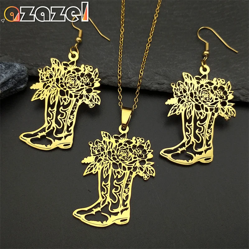 Romantic West Cowboy Boot Flower Necklace Earrings Set For Women Men Stainless Steel Gold Color Shoes Pendant Jewelry Gift
Romantic West Cowboy Boot Flower Necklace Earrings Set For Women Men Stainless Steel Gold Color Shoes Pendant Jewelry Gift