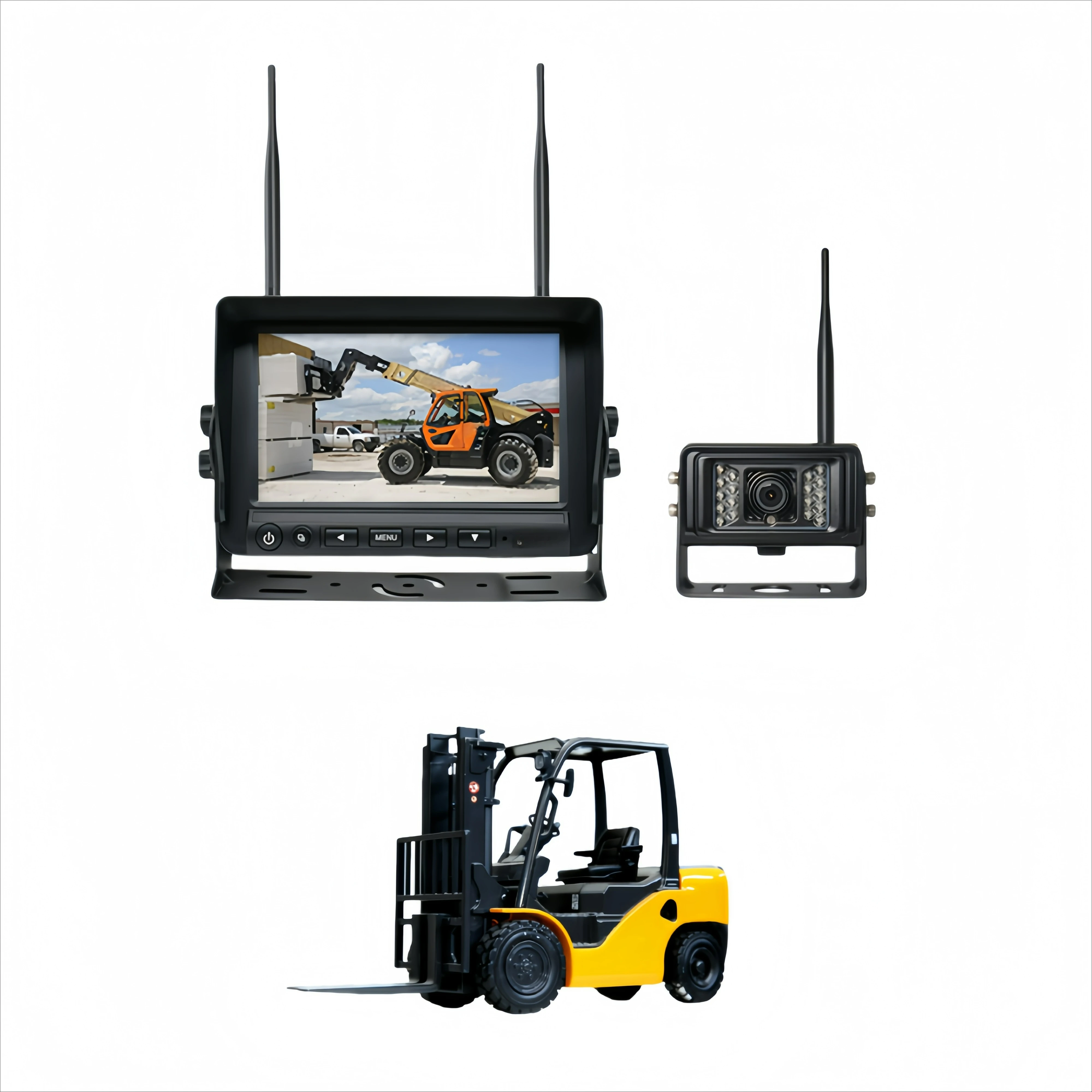 Комплект цифровой беспроводной резервной камеры для вилочного погрузчика IP69K, водонепроницаемая камера заднего вида и четырехдюймовый экран с видеорегистратором
Комплект цифровой беспроводной резервной камеры для вилочного погрузчика IP69K, водонепроницаемая камера заднего вида и четырехдюймовый экран с видеорегистратором