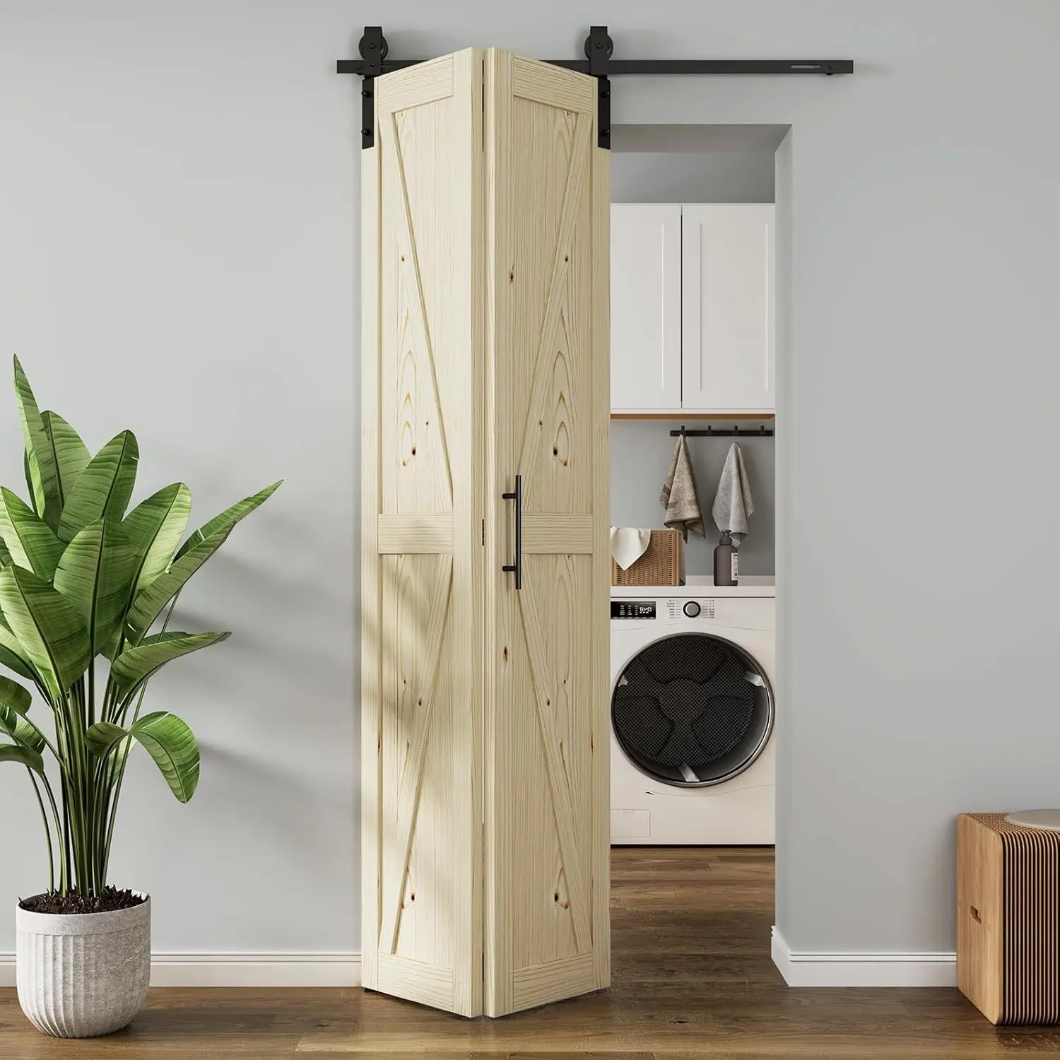 Bi-fold barn door with bi-fold sliding door hardware kit and handle, double-sided solid wood, easy to assemble
Bi-fold barn door with bi-fold sliding door hardware kit and handle, double-sided solid wood, easy to assemble