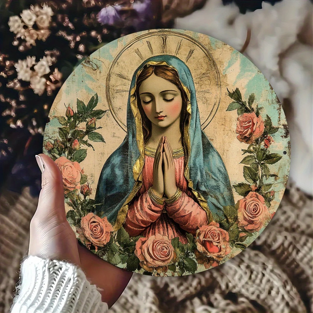 Round Metal Religious Icon Wreath Sign with Praying Figure, Aluminum Foil Engraving Home & Wall Decor for Events and Parties - 8
Round Metal Religious Icon Wreath Sign with Praying Figure, Aluminum Foil Engraving Home & Wall Decor for Events and Parties - 8