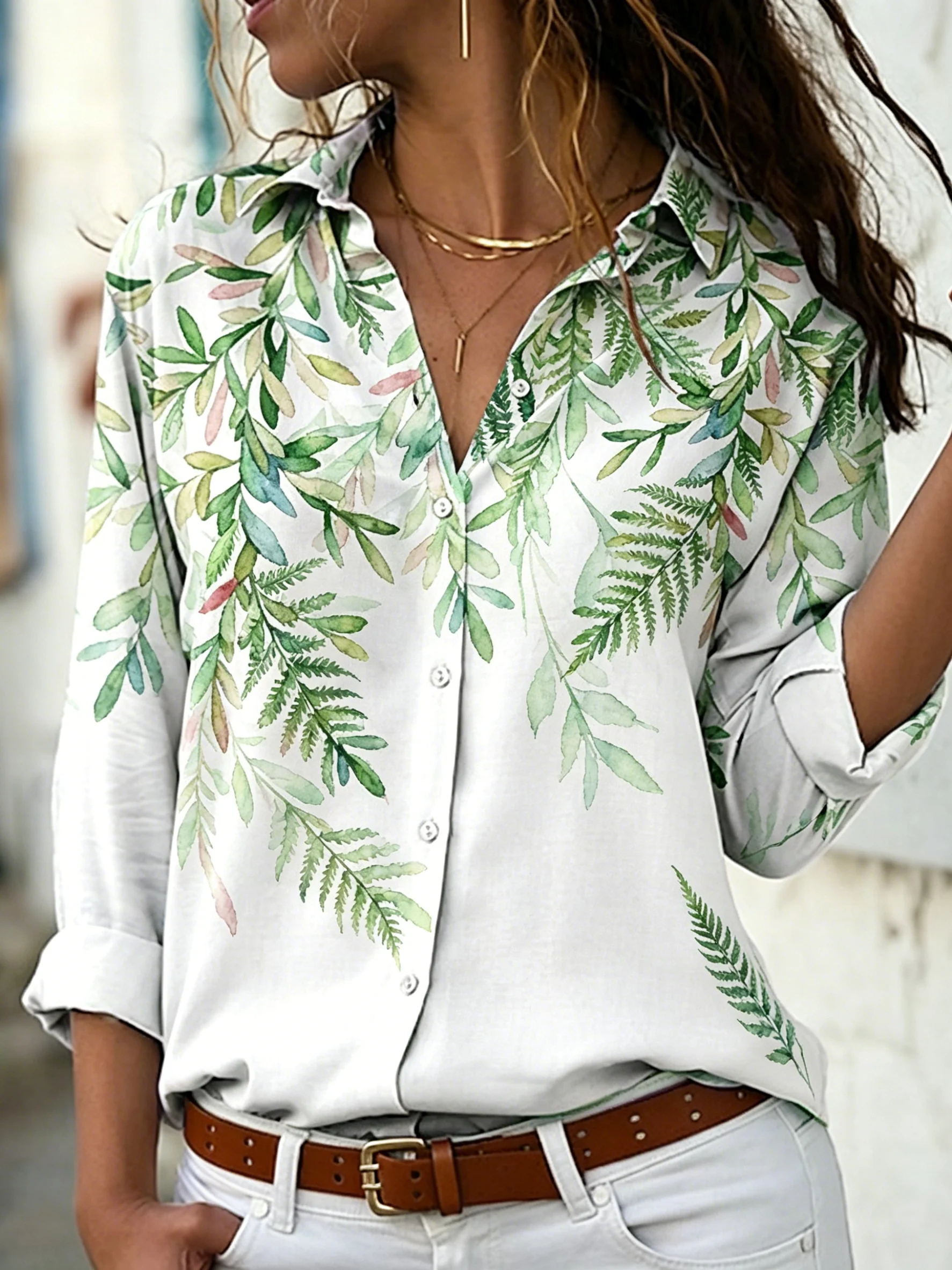 Women's Long Sleeve Watercolor Leaf Print Button Down Casual Shirt Elegant Daily Blouse Tops in White for Spring Summer
Women's Long Sleeve Watercolor Leaf Print Button Down Casual Shirt Elegant Daily Blouse Tops in White for Spring Summer