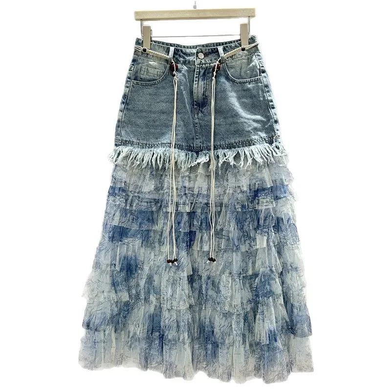 2025 Multi Layer Egg Tie Dyed Denim Patchwork Mesh Skirt for Women New Style, Luxurious and Stunning, Fake Style Fluffy Skirt
2025 Multi Layer Egg Tie Dyed Denim Patchwork Mesh Skirt for Women New Style, Luxurious and Stunning, Fake Style Fluffy Skirt