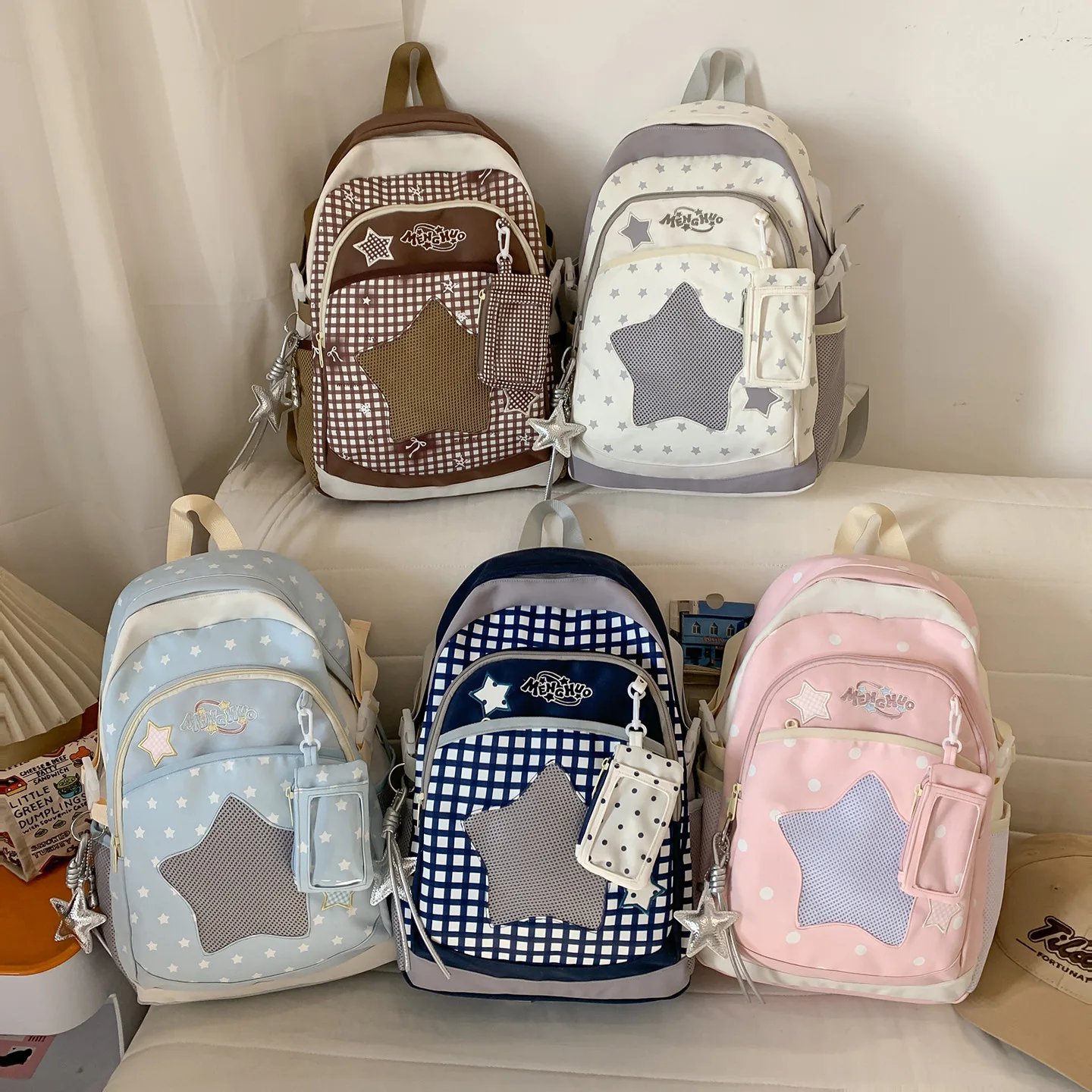 Nylon lightweight Kawaii student schoolbag, change bag, color-blocking star travel waterproof backpack
Nylon lightweight Kawaii student schoolbag, change bag, color-blocking star travel waterproof backpack