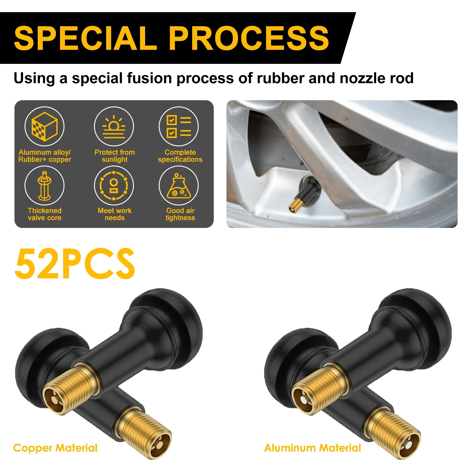 52Pcs Tire Valve Stems Tire Pressure Sensor Repair Replacement Kit Snap-In Valve Seal Good For Motorcycle Standard Vehicle Tires
52Pcs Tire Valve Stems Tire Pressure Sensor Repair Replacement Kit Snap-In Valve Seal Good For Motorcycle Standard Vehicle Tires