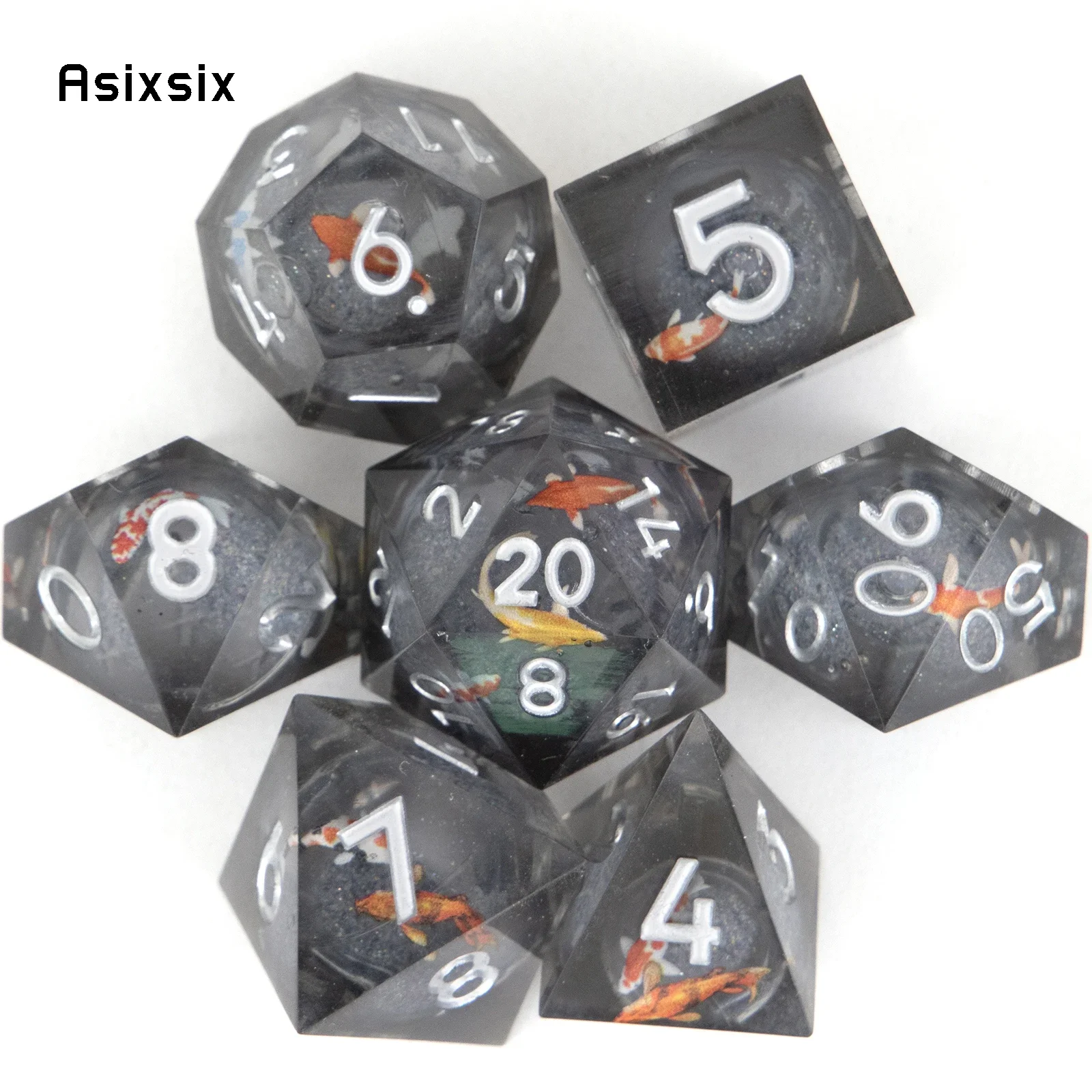 7 Pcs Black Fish Golden Number Sharp Edge Resin Dice Polyhedral Dice Suitable for Role-Playing RPG Board Game
7 Pcs Black Fish Golden Number Sharp Edge Resin Dice Polyhedral Dice Suitable for Role-Playing RPG Board Game