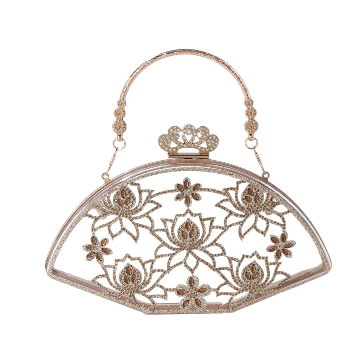 Женский прозрачный клатч в форме веера с золотыми цветочными стразами - элегантная вечерняя сумочка с декоративной ручкой
Женский прозрачный клатч в форме веера с золотыми цветочными стразами - элегантная вечерняя сумочка с декоративной ручкой