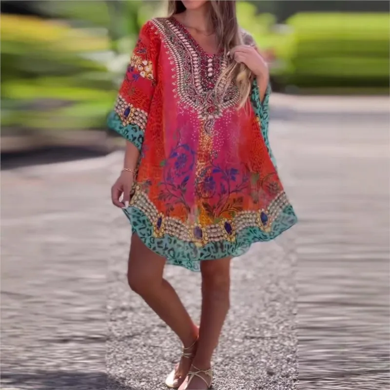 Spring fashion V-neck retro ethnic style printed loose top for women with seven quarter sleeves and contrasting color elements
Spring fashion V-neck retro ethnic style printed loose top for women with seven quarter sleeves and contrasting color elements