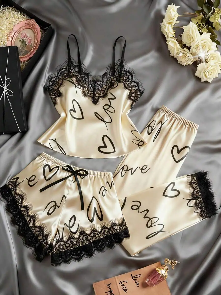3-Piece Lace Trim Letter Print Pajama Set Spaghetti Strap Top Elastic Waist Shorts Women Sleepwear Loungewear
3-Piece Lace Trim Letter Print Pajama Set Spaghetti Strap Top Elastic Waist Shorts Women Sleepwear Loungewear