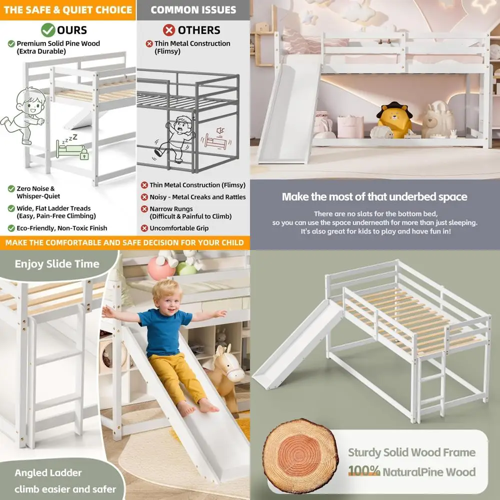 Wooden Twin Bunk Bed with Slide, Ladder, Guardrails, and Storage for Kids
Wooden Twin Bunk Bed with Slide, Ladder, Guardrails, and Storage for Kids