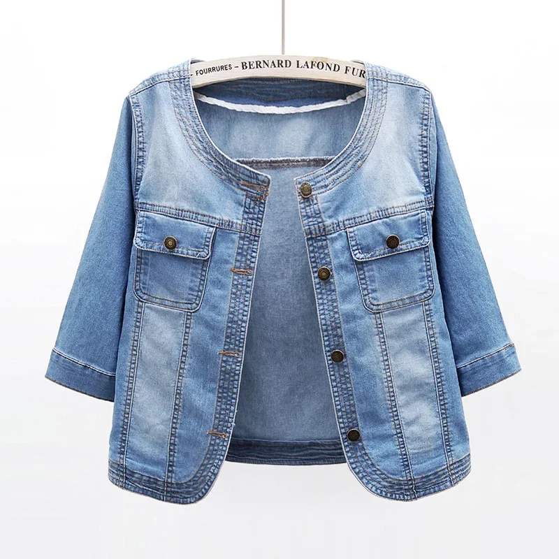 Spring Autumn Elasticity Slim Short Denim Jacket Women Fashion Washed Blue Outerwear O-Neck Half Sleeve Jeans Jacket Coat Female
Spring Autumn Elasticity Slim Short Denim Jacket Women Fashion Washed Blue Outerwear O-Neck Half Sleeve Jeans Jacket Coat Female