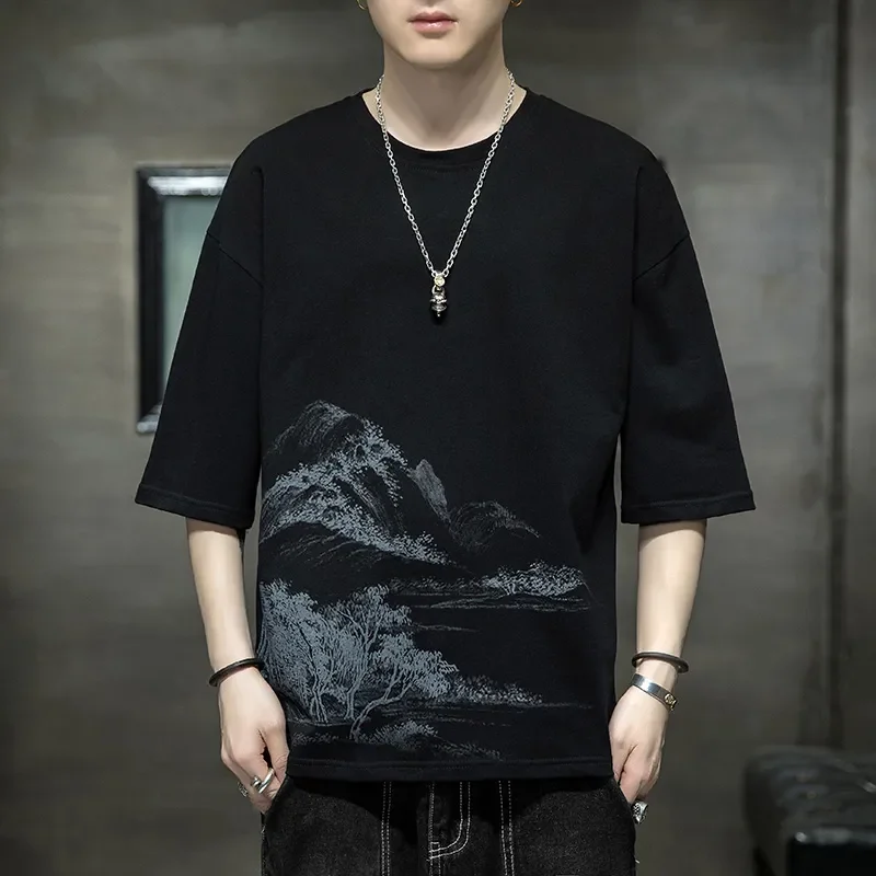 Chinese Style Landscape Print Cotton T-Shirt for Men Loose Fit 3/4 Sleeve Summer Tee Breathable Casual Daily Wear
Chinese Style Landscape Print Cotton T-Shirt for Men Loose Fit 3/4 Sleeve Summer Tee Breathable Casual Daily Wear