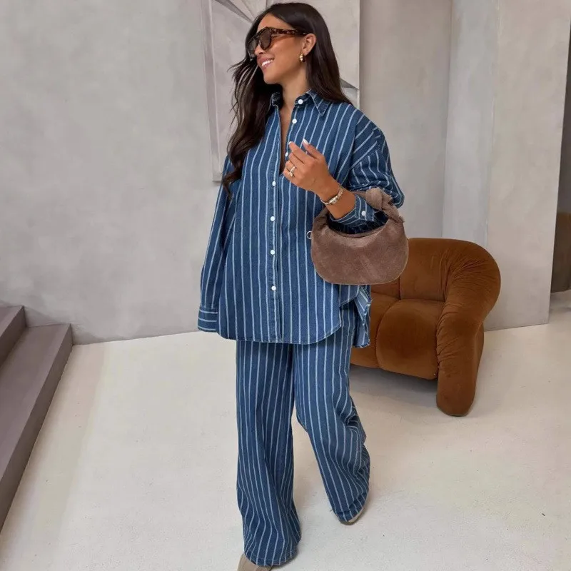 2 Piece Set Blouse Long Sleeve Striped Washed Shirt Summer Turn Collar Casual Top Wide Leg Pants Blue And White Button Down
2 Piece Set Blouse Long Sleeve Striped Washed Shirt Summer Turn Collar Casual Top Wide Leg Pants Blue And White Button Down
