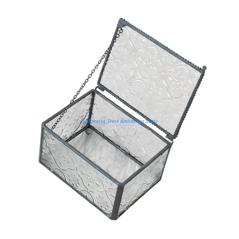 573B Small Glass Jewelry Box with Embossed Pattern Panels and Dark Metal Frame, Hinged Accessory Storage Box for Vanity, Shelf
573B Small Glass Jewelry Box with Embossed Pattern Panels and Dark Metal Frame, Hinged Accessory Storage Box for Vanity, Shelf