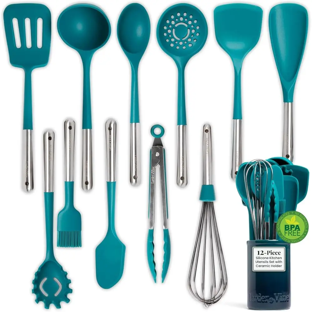 12-Piece Silicone Kitchen Utensil Set with Stainless Steel Handles and Ceramic Holder, Dishwasher Safe
12-Piece Silicone Kitchen Utensil Set with Stainless Steel Handles and Ceramic Holder, Dishwasher Safe