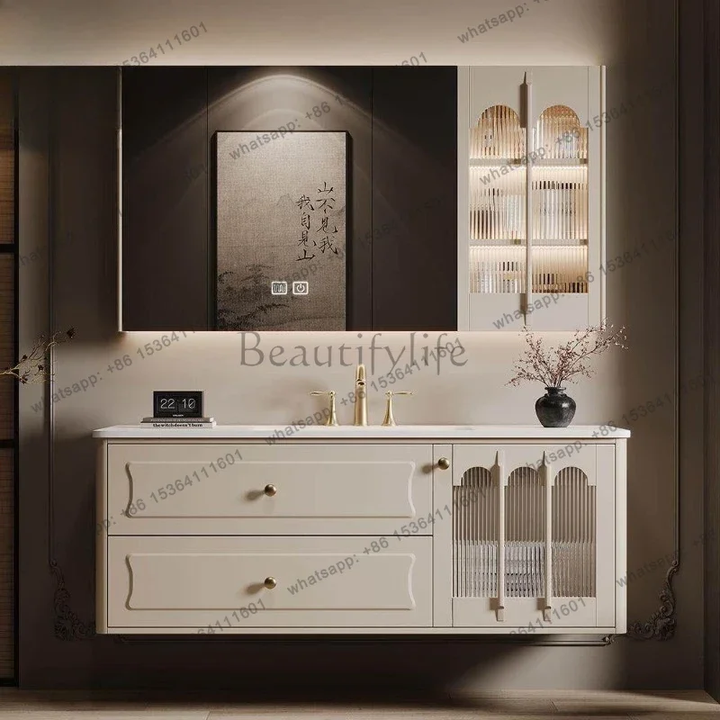 French vintage bathroom cabinet solid wood floor-to-ceiling washbasin slate hot bending
French vintage bathroom cabinet solid wood floor-to-ceiling washbasin slate hot bending